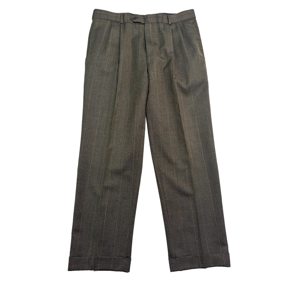Jos A Bank 36x32 Green Herringbone Windowpane Dress Suit Pants Pleated Wool